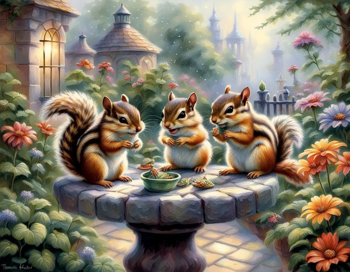 Baby Chipmunks in Ethereal Garden, Fantasy Style