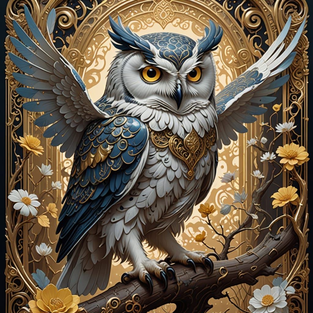 Mystical Owl Emerge from Vintage Playing Card in Pop Surreal...