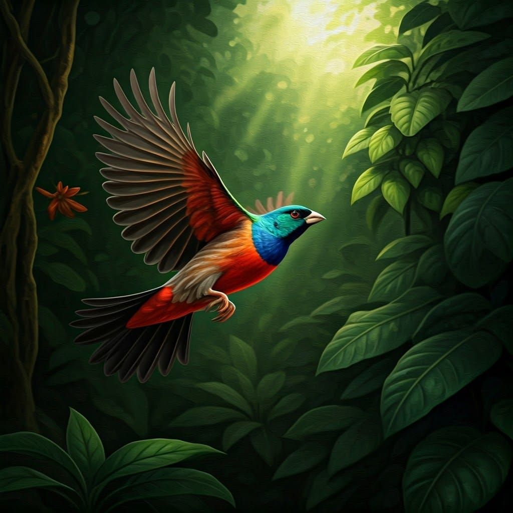 Red Throated Canary Soaring Through Jungle Sunlight