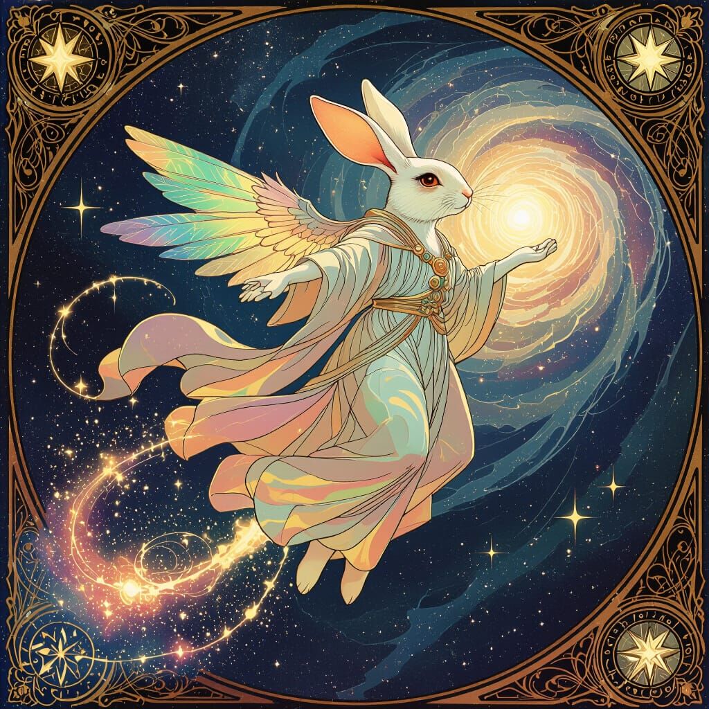 Celestial Rabbit Soaring Through Cosmos in Art Nouveau Style
