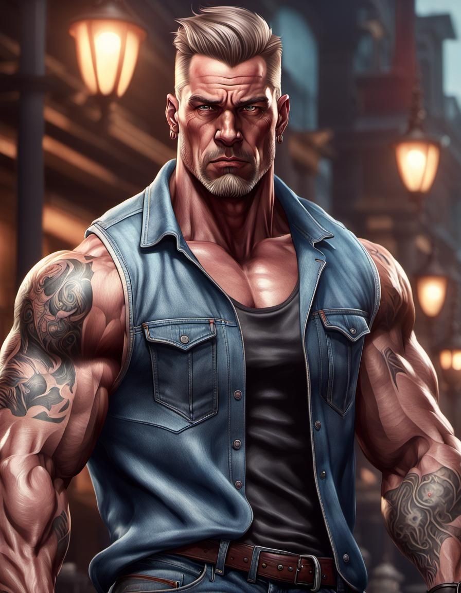 Handsome white man with massive muscular muscle ,8k resolution concept art with tattoo, jeans and gangster
