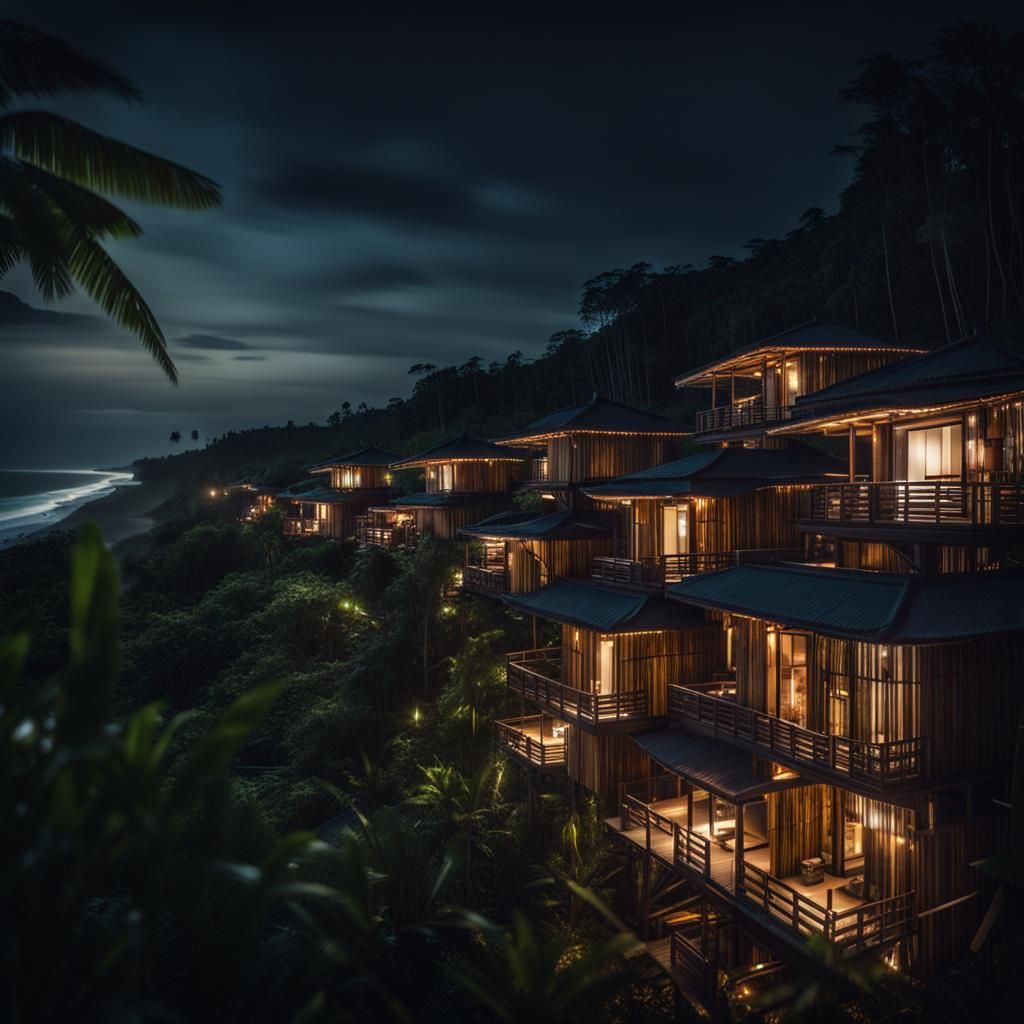Futuristic Bamboo Homes in Rainforest at Night