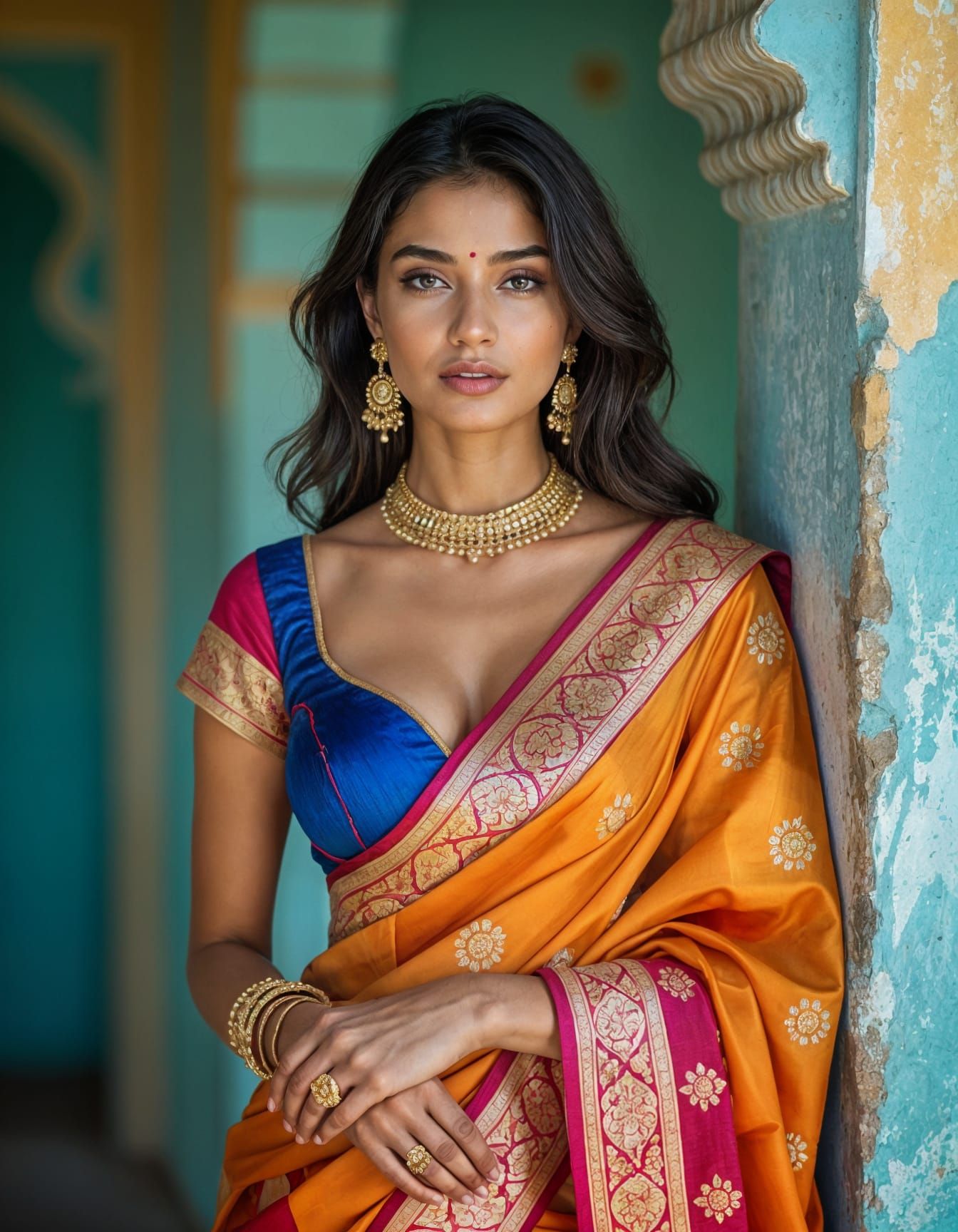 Woman in Saree and Bra
