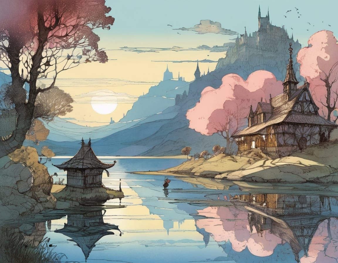 Lake at Sunset in Fantasy Illustration Style