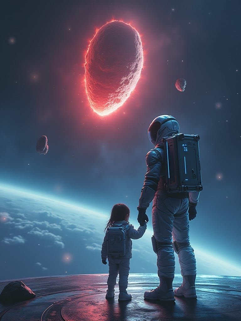 Astronauts Witness Asteroid Impact: Digital Sci-Fi Art