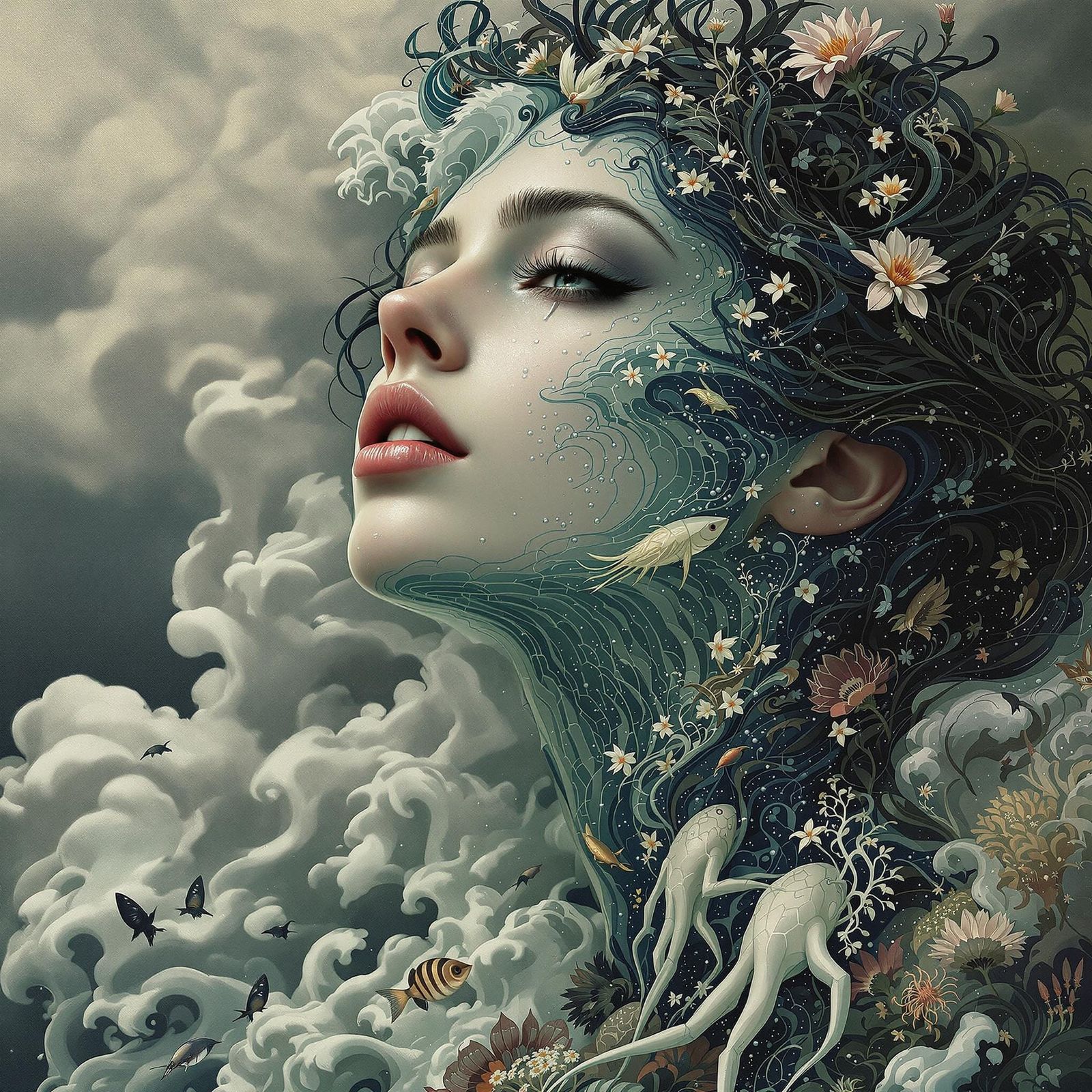 Ethereal Woman, Serene yet Sorrowful, Adorned with Marine Li...