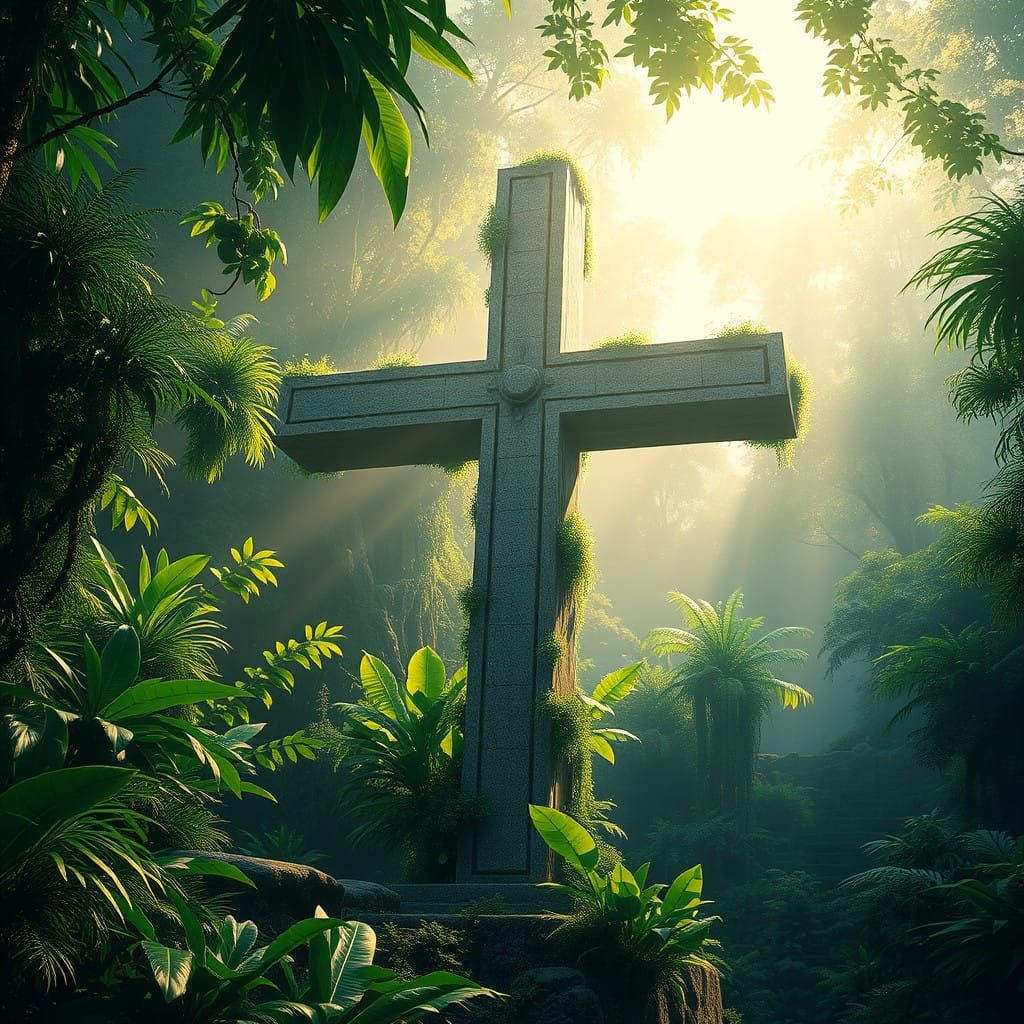 Ancient Cross Entwined in Lush Jungle Landscape