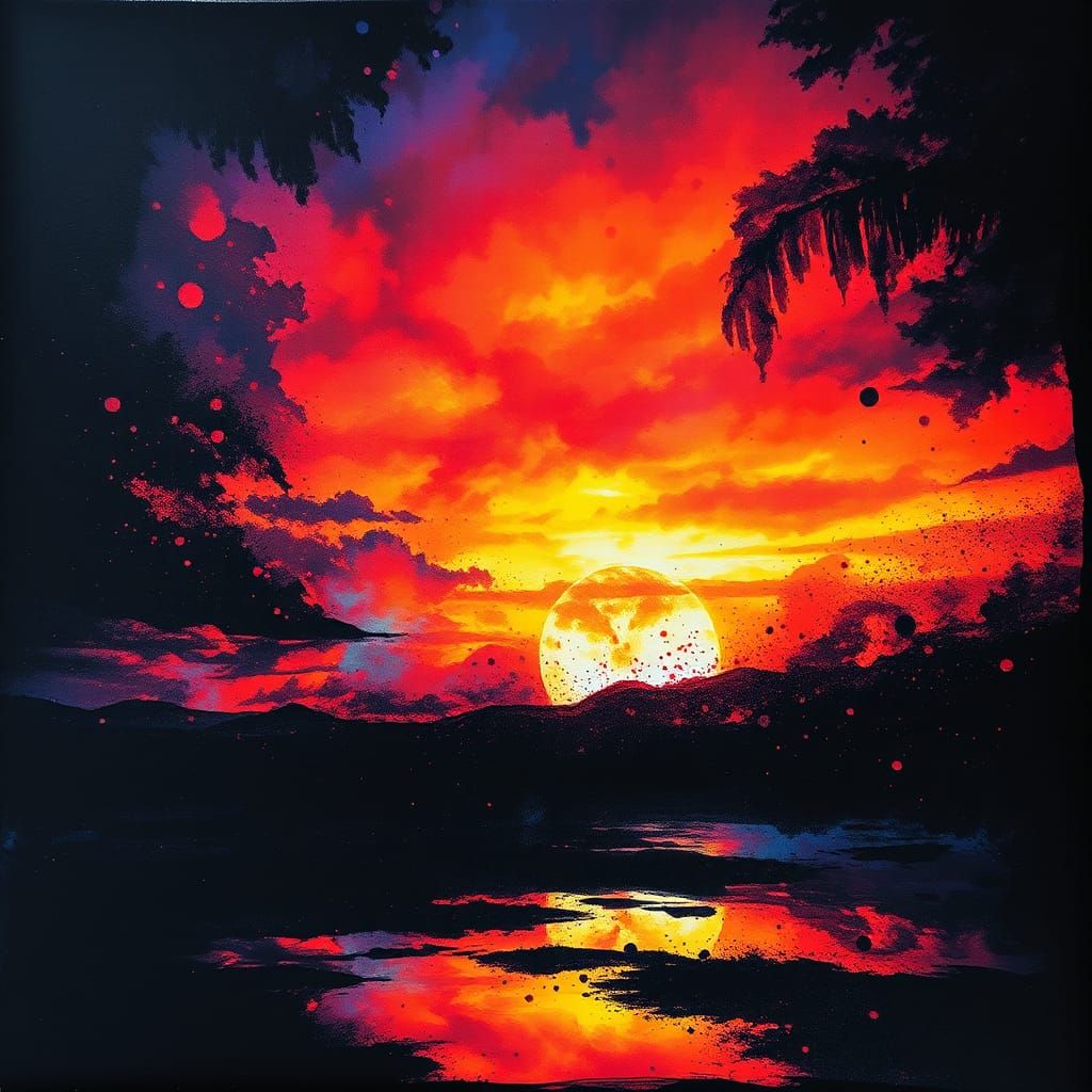 Iridescent Sunset with Watercolor Ink Splatters