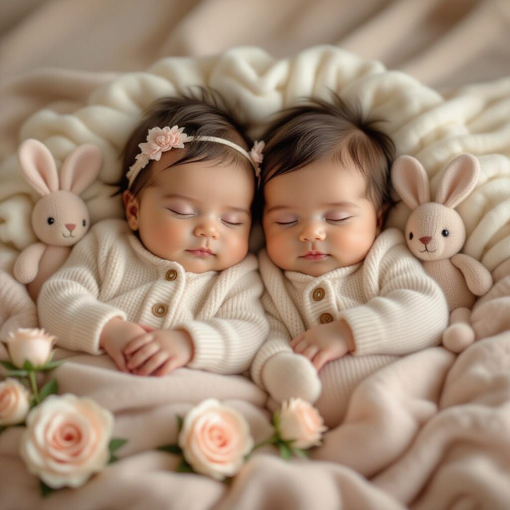 Newborn Twin Girls in Knitted Outfits with Bunny Toys and Ro...