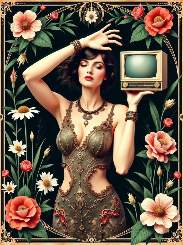 Art Deco Woman Swings Monitor in Rackham Style