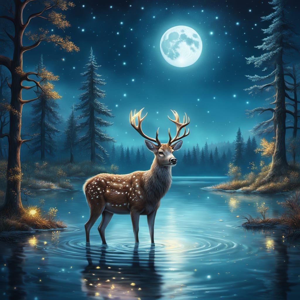 Shining Deer in Moonlit Lake: Surreal Oil Painting