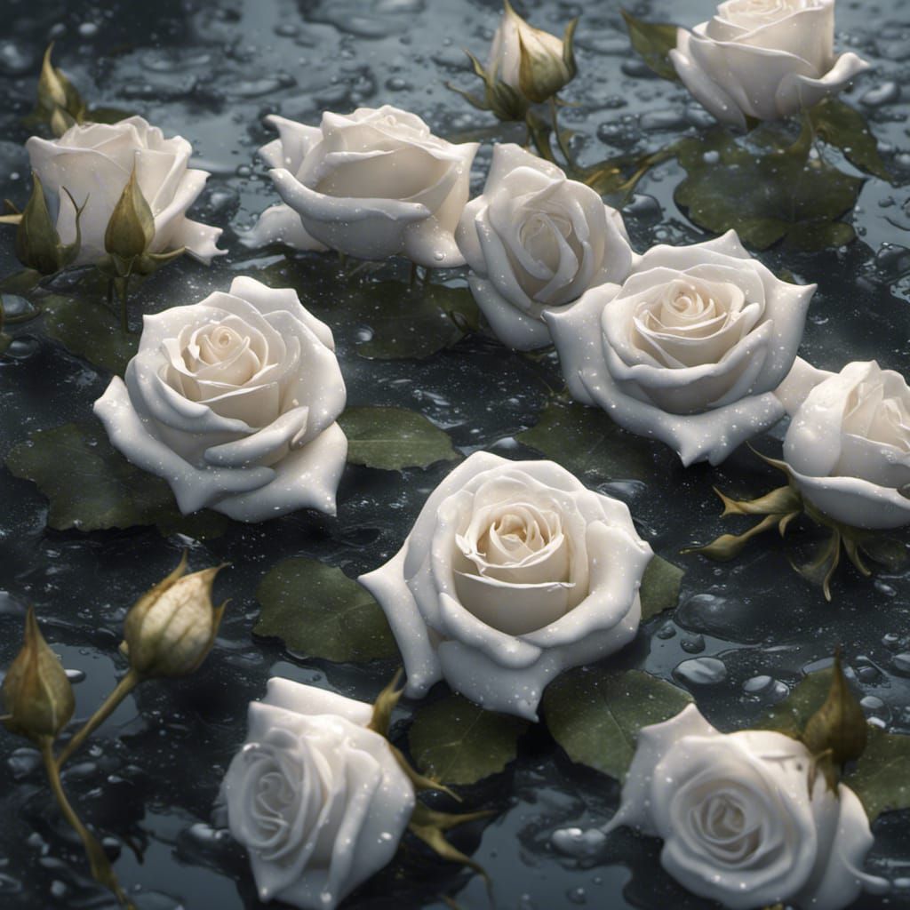 White Roses Reflected in Rain Puddle