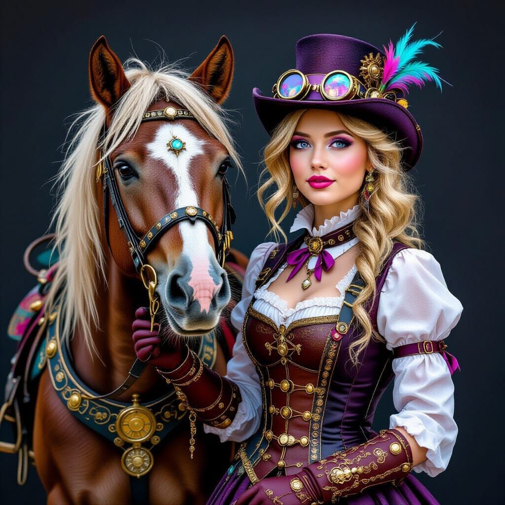 Steampunk Woman and Steed in Glowing Chalk Art