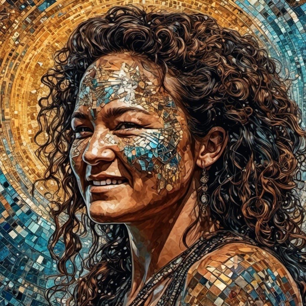 <lora:Scrapbook Doodles:1.0> Three-dimensional Colorful Mosaic Iridescent Shimmery Zentangle portrait of a tan skin woma...