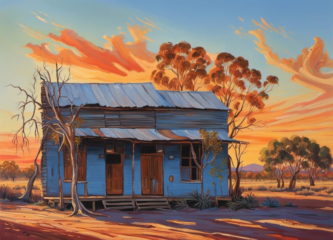 Outback Hotel at Sunset in Pro Hart Style