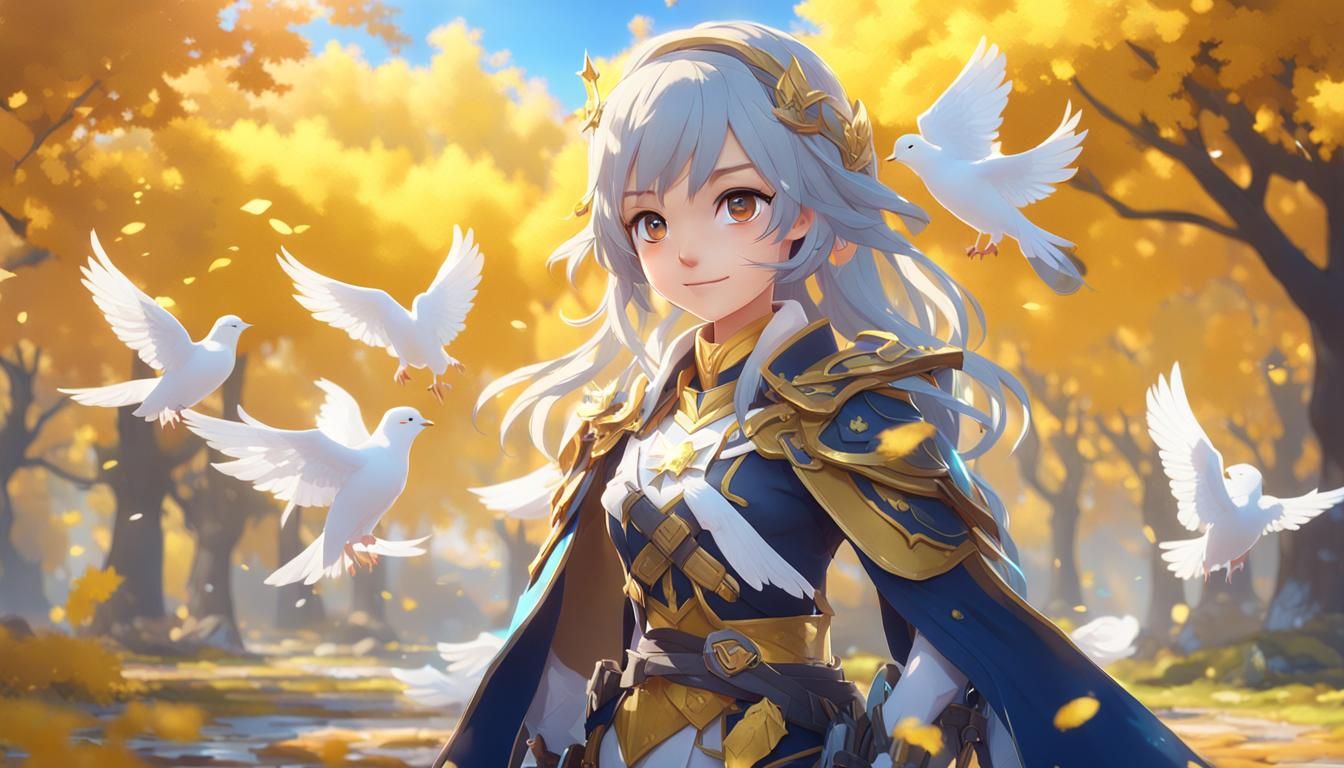 Anime Dove Girl with Hydro Vision in Autumn