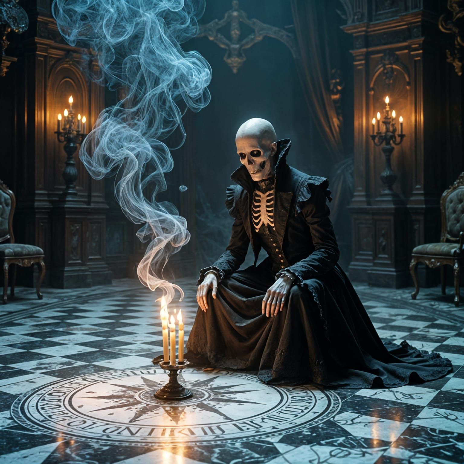 Victorian Skeleton Leads Occult Ritual in Decaying Ballroom