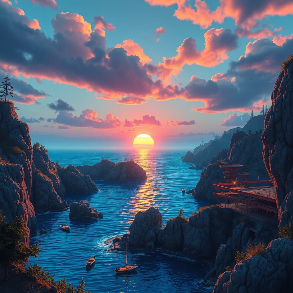 Sunset Bay with Inscription, Detailed Matte Painting