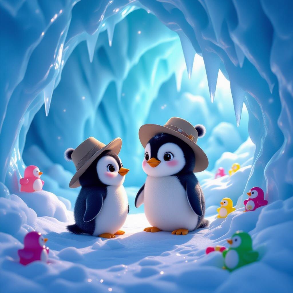 Penguin Explorer in Candy Ice Cave: 3D Digital Art