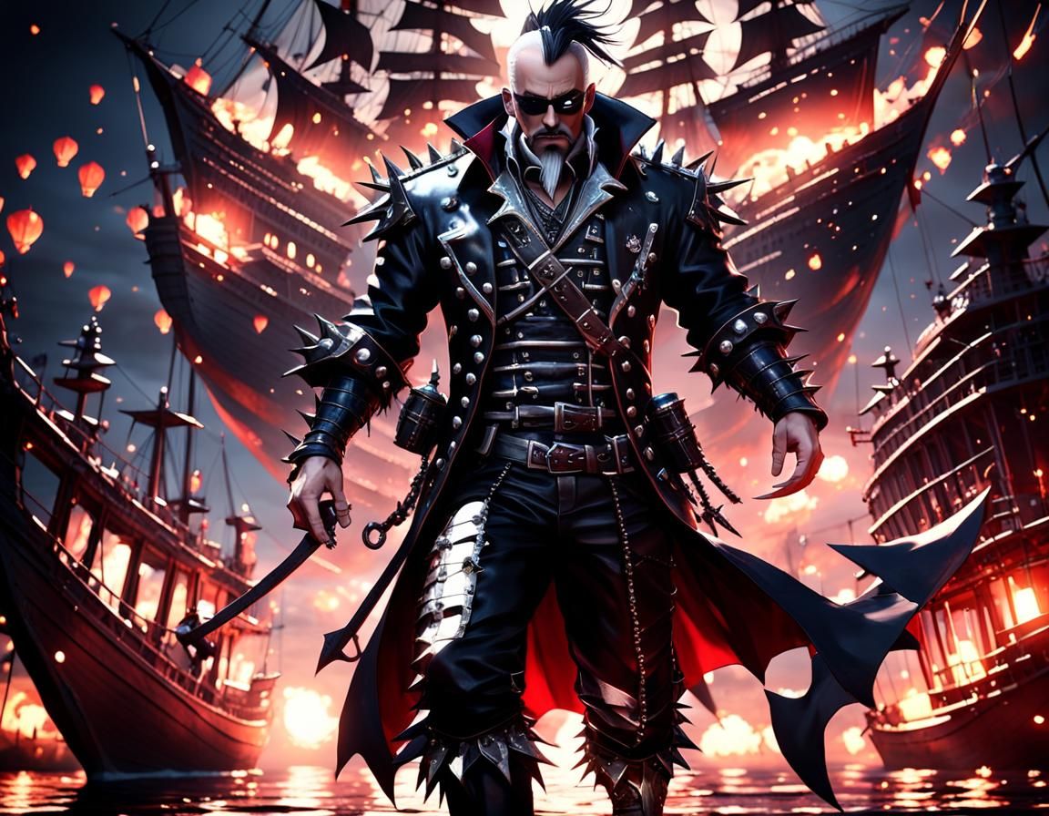 Pirate Leader on Dark Fantasy Ship in 3D Anime Style
