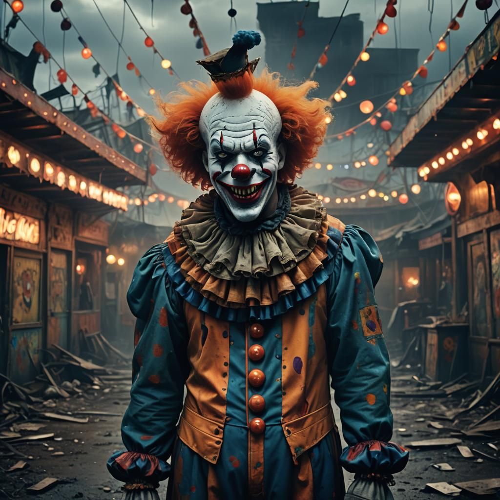 Killer Clown in Abandoned Carnival: Dark Fantasy Art