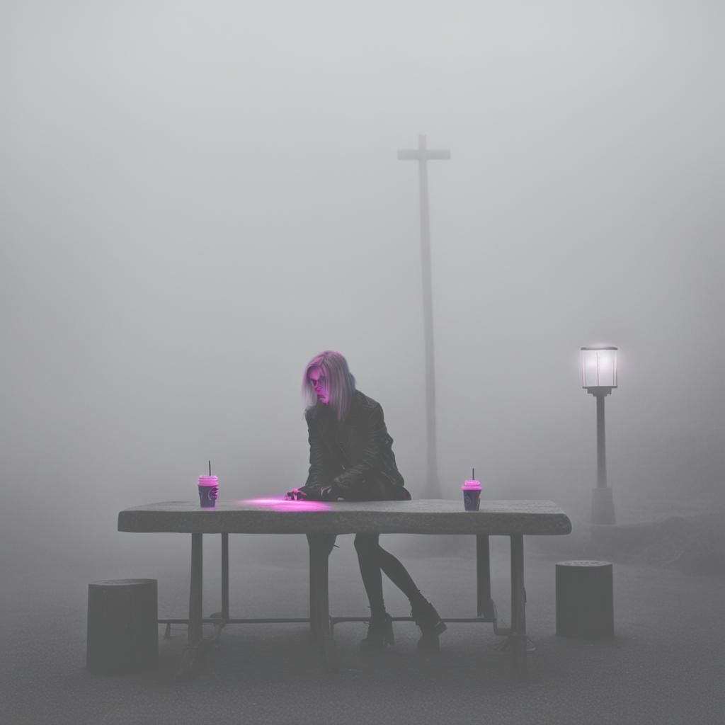 Goth Model in Neon-Lit Granite Labyrinth