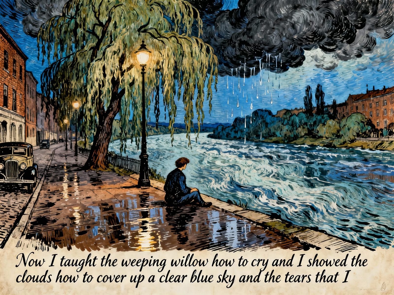 Weeping Willow Cries Under Stormy Skies