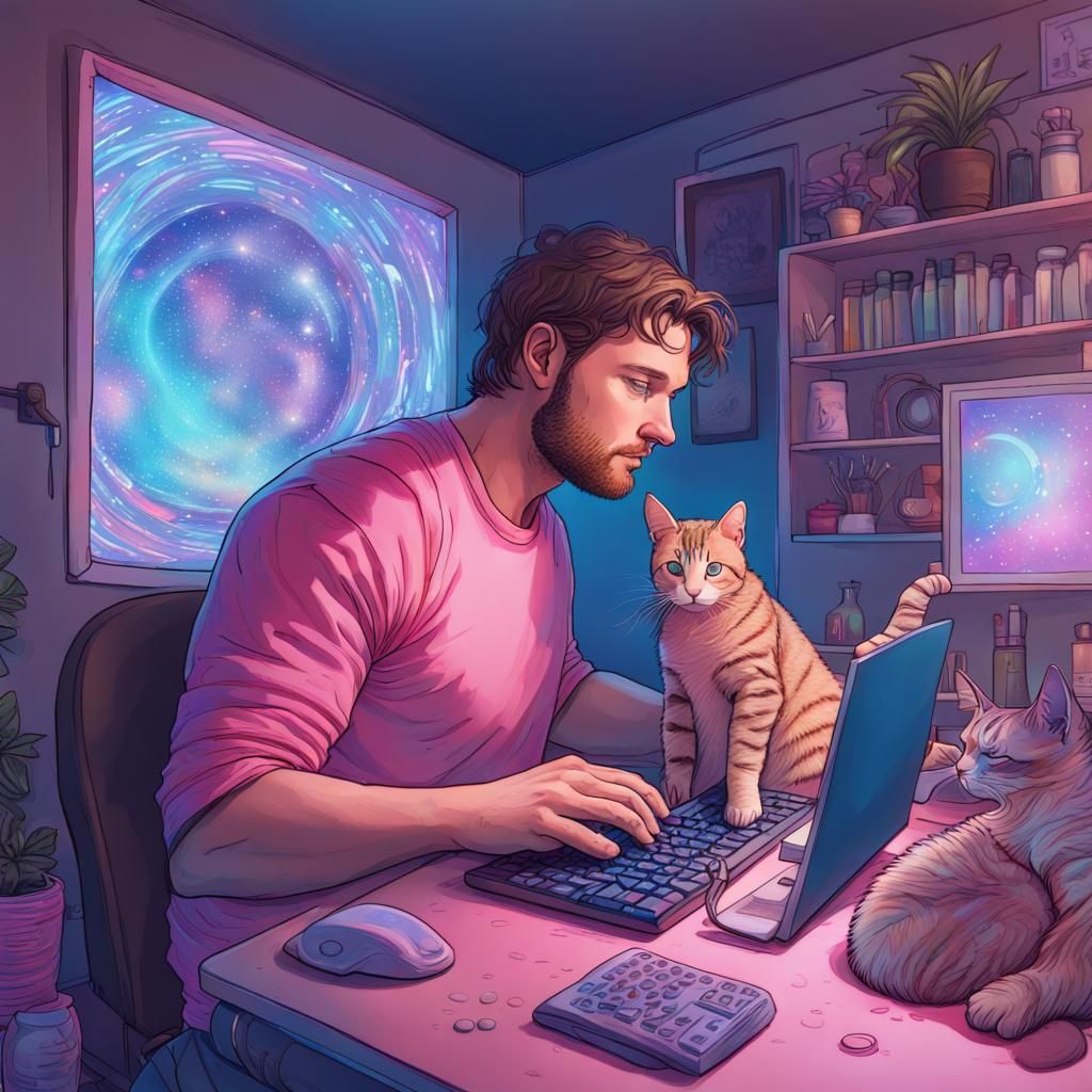 Man Typing with Cat, Cosmic Mixed Media Illustration