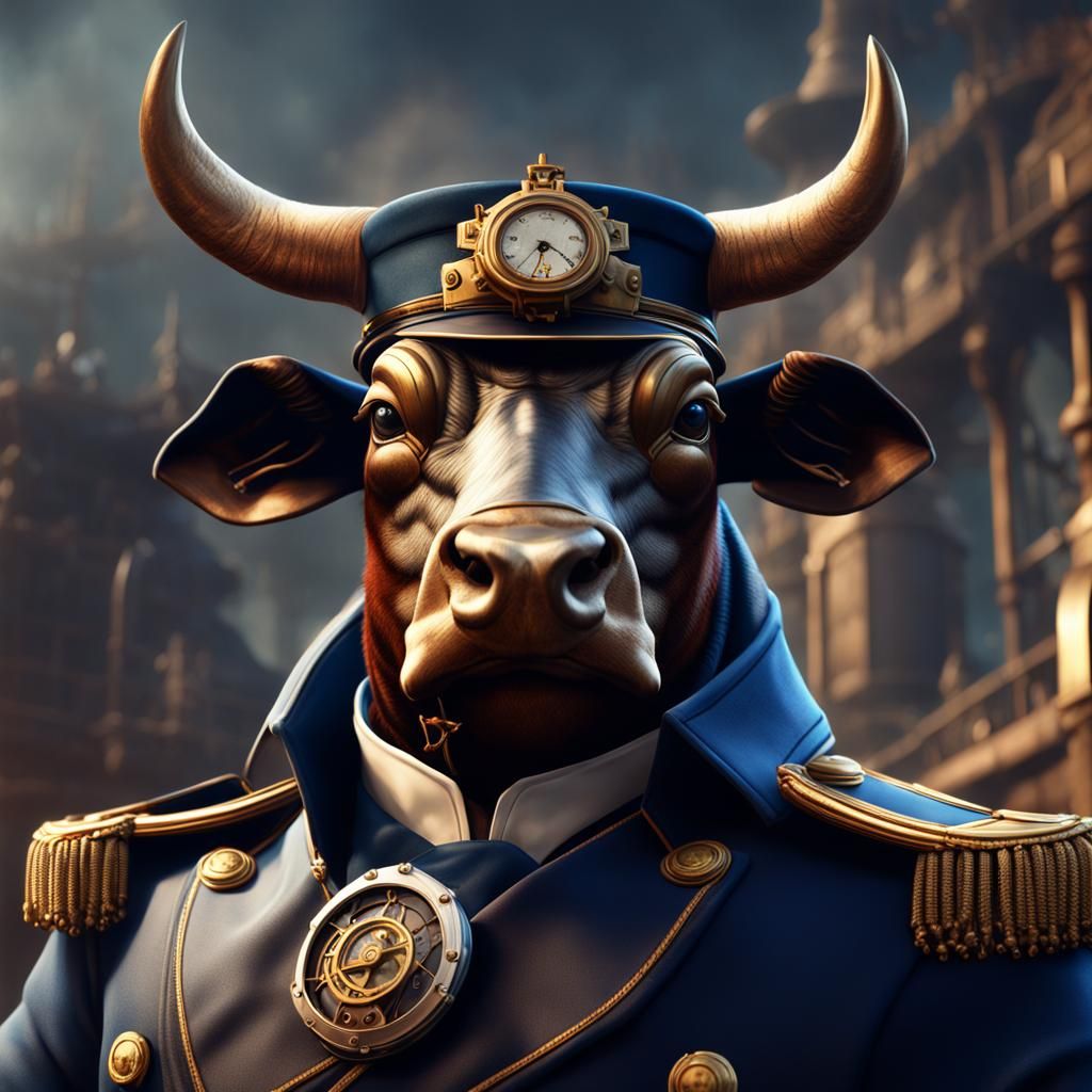Steampunk Marine Bull Portrait: Detailed Matte Painting