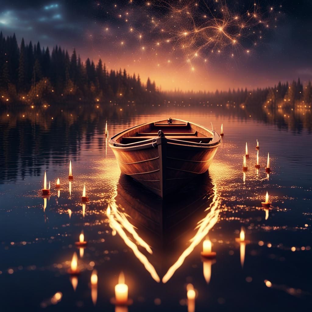 Romantic Nighttime Lake Scene with Floating Candles