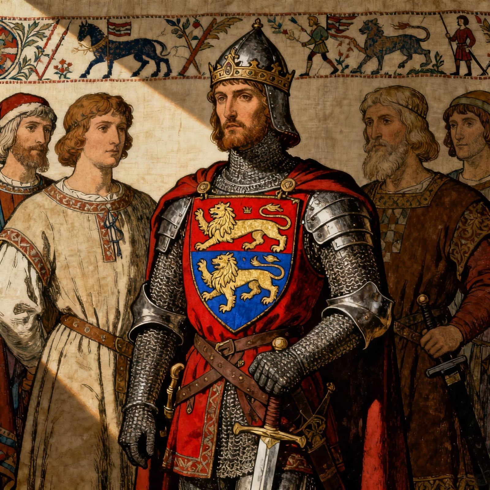 Norman Lord with Saxon Subjects in Bayeux Tapestry Style