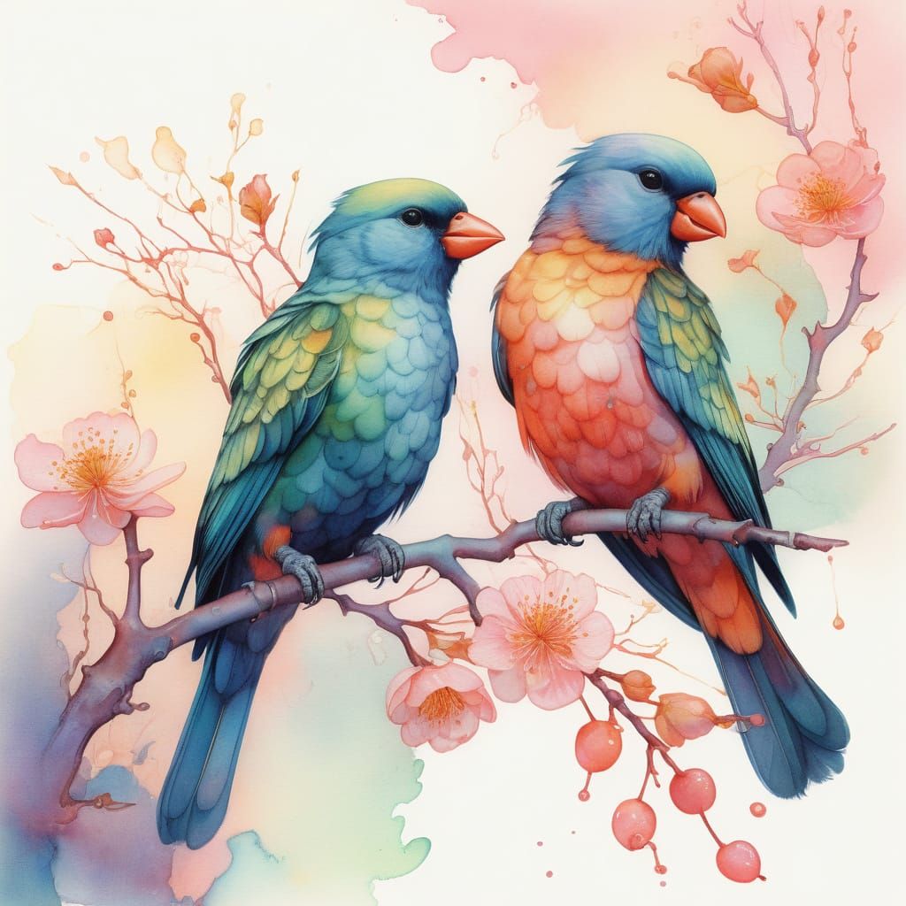 Whimsical Birds in Vibrant Cherry Blossom Paradise