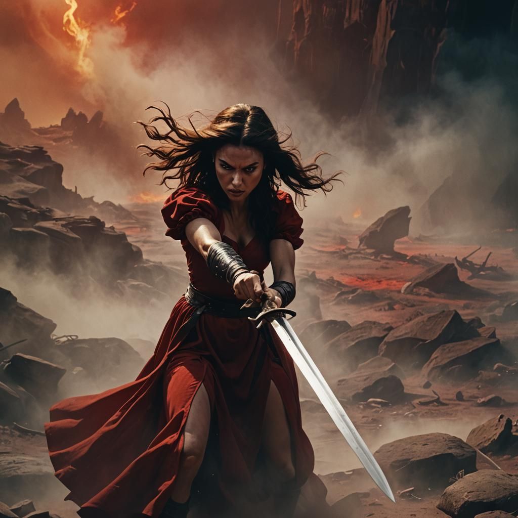 Cinematic Girl Warrior in Fiery Red Hues