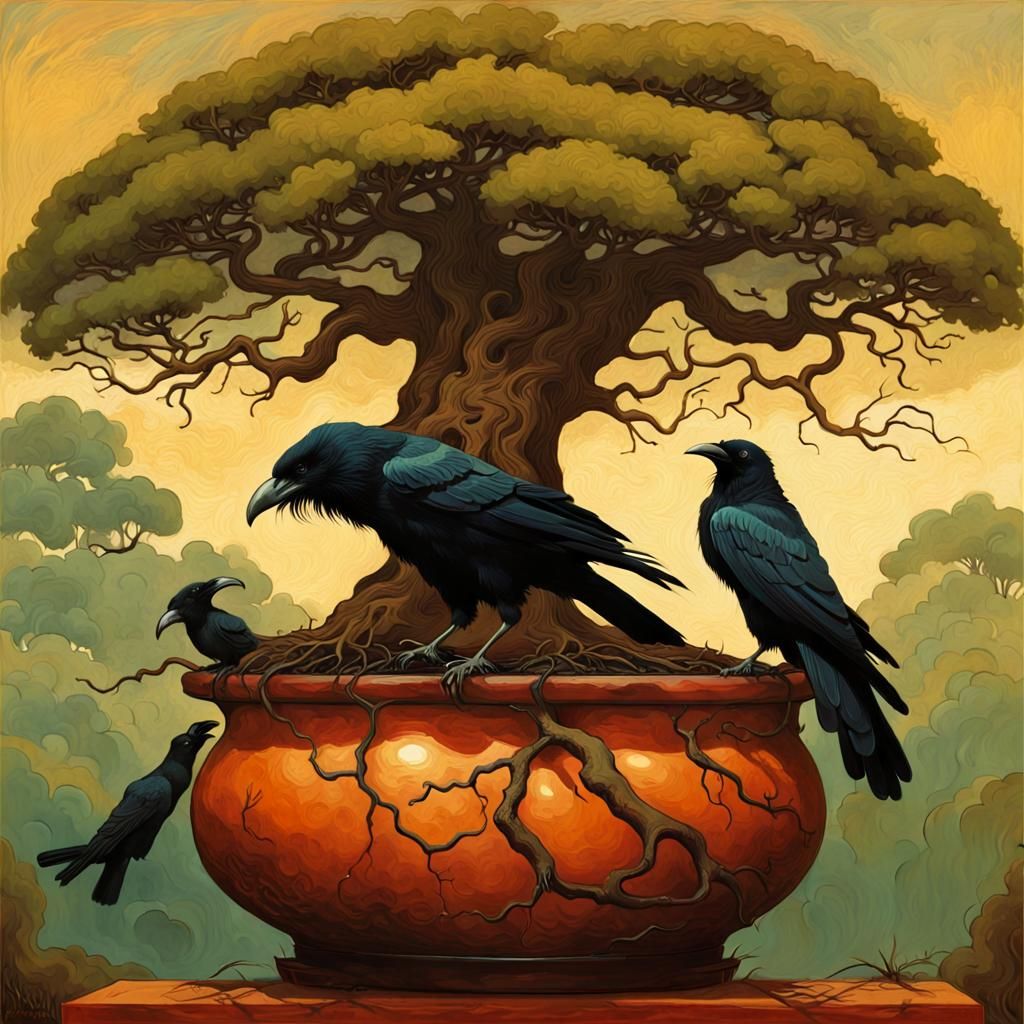 Yggdrasil Bonsai Tree with Raven in Tonalism