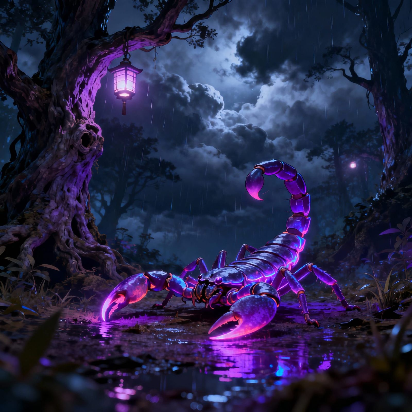 Glowing Scorpion Under UV Light in Rainy Night