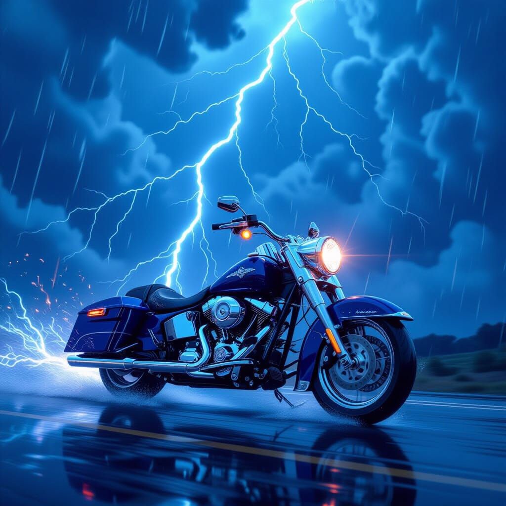 Chrome Motorcycle Amidst Lightning Storm