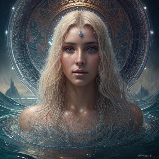 Glistening Blonde Woman in Water: Hyperrealistic Digital Art