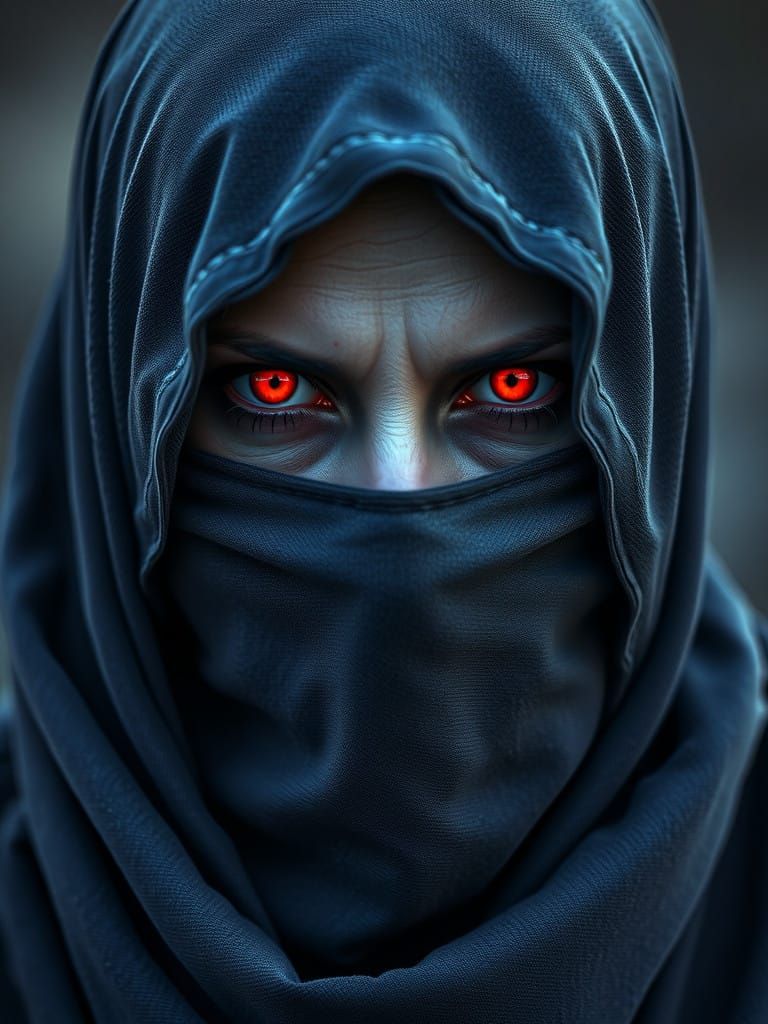 Glowing Red-Eyed Enchantress in Dark Mysterious Hues