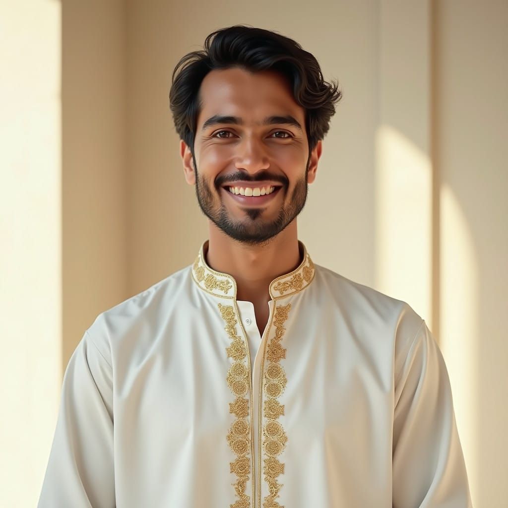 Serene Muslim Man in Traditional White Thawb, Soft Light Sur...
