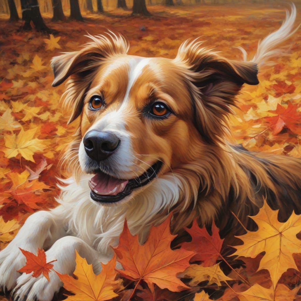 Expressive Dog Playing in Autumn Leaves Masterpiece