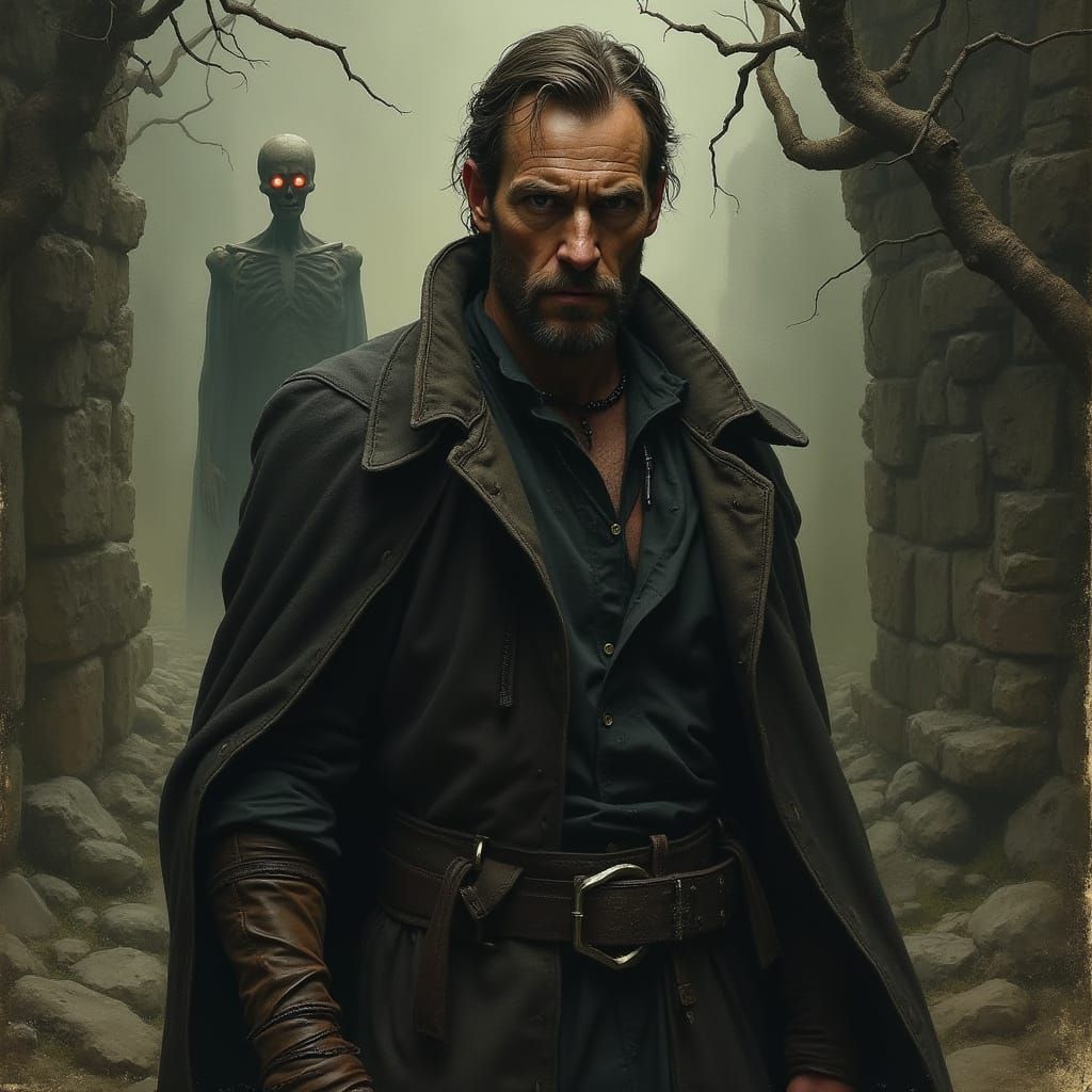 Dark Fantasy Figure at Ancient Ruins