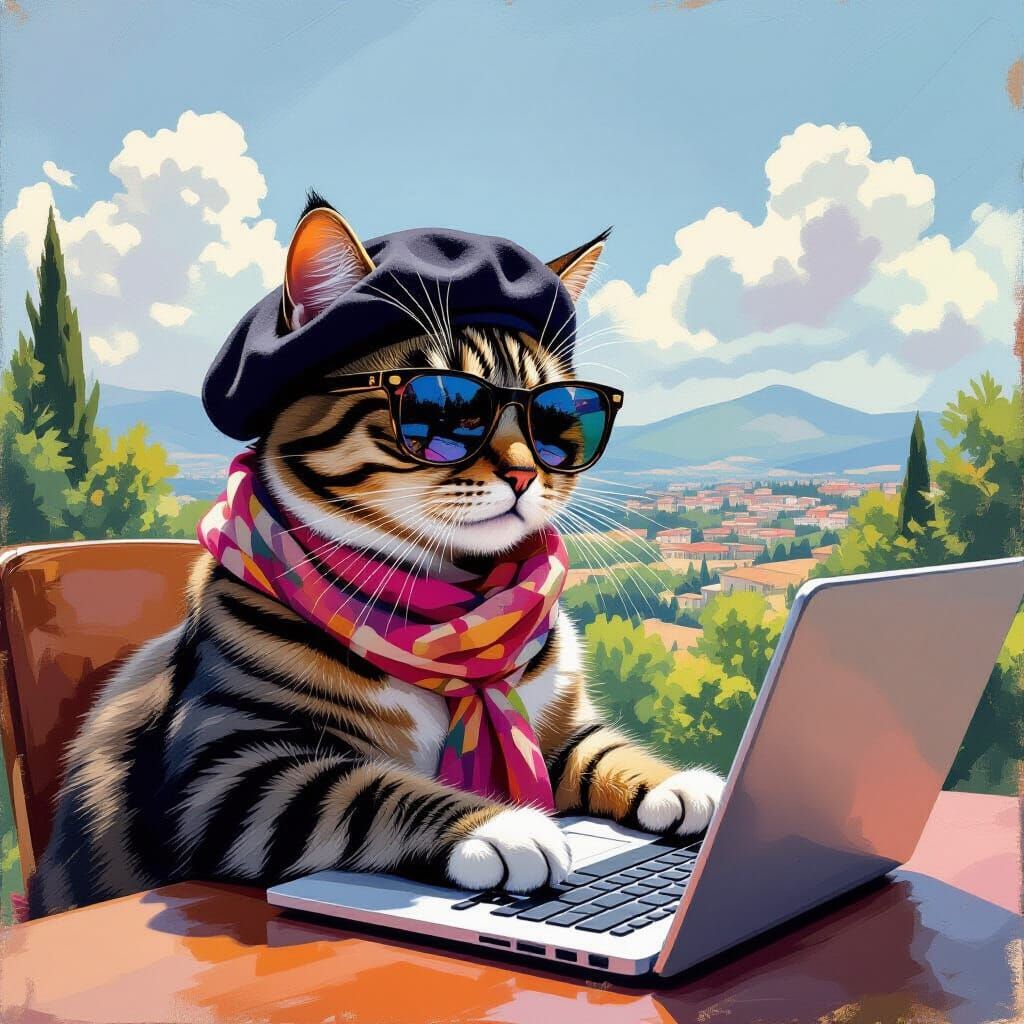Cat Typing on Laptop in Pastel Painting Style