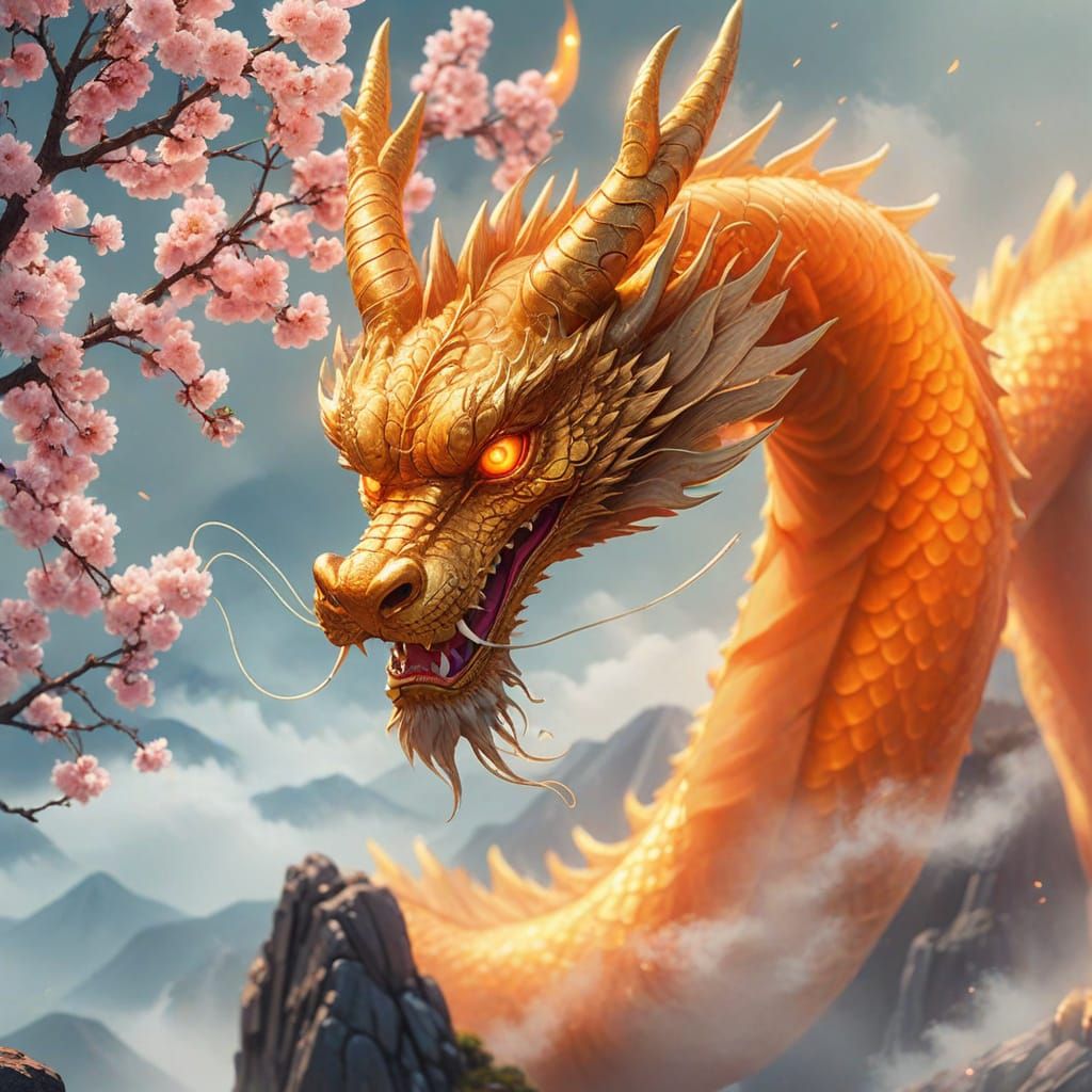 Golden Asian Dragon on Mountain Top in Anime Style