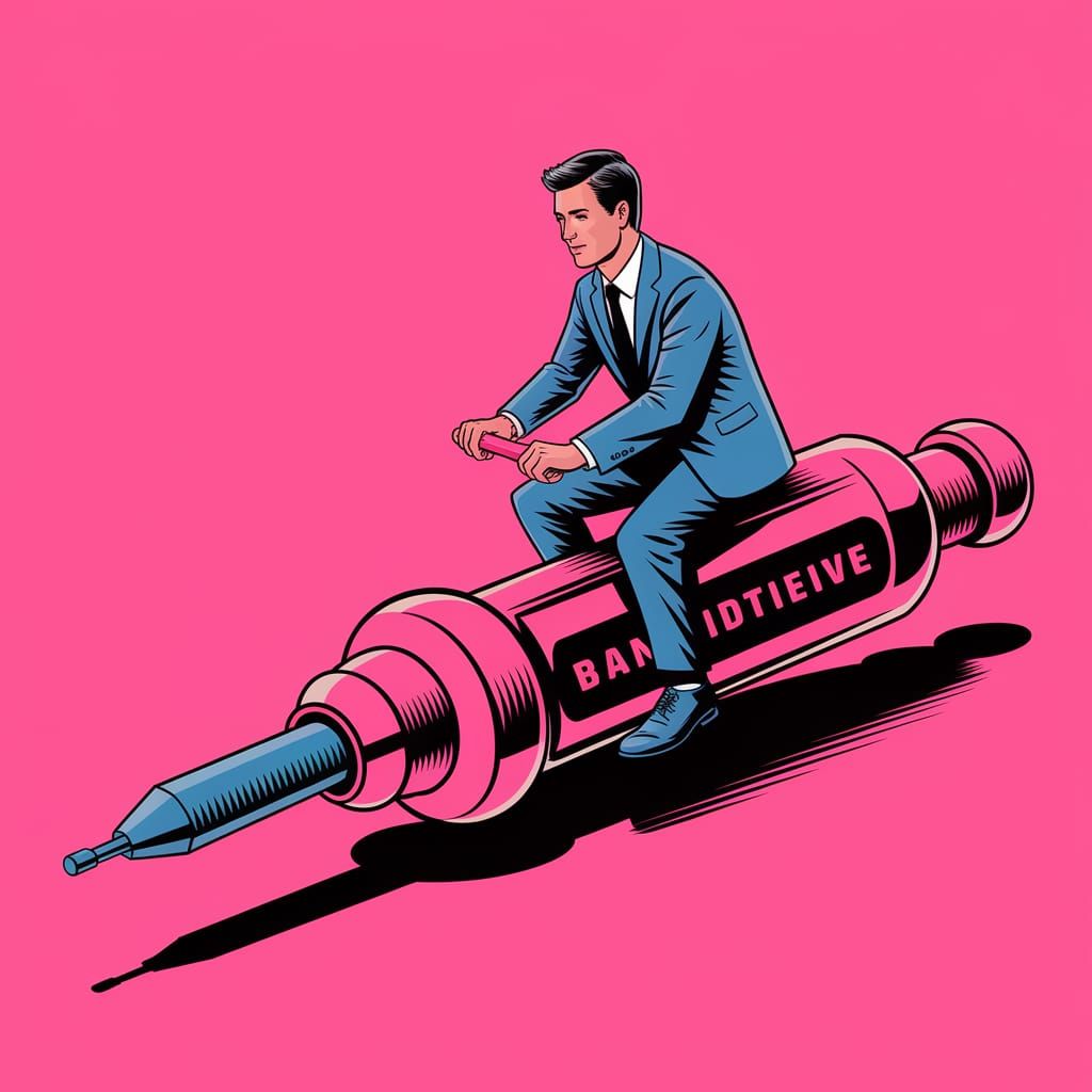 Surreal Man Rides a Screwdriver in a Whimsical Cyberpunk Sty...