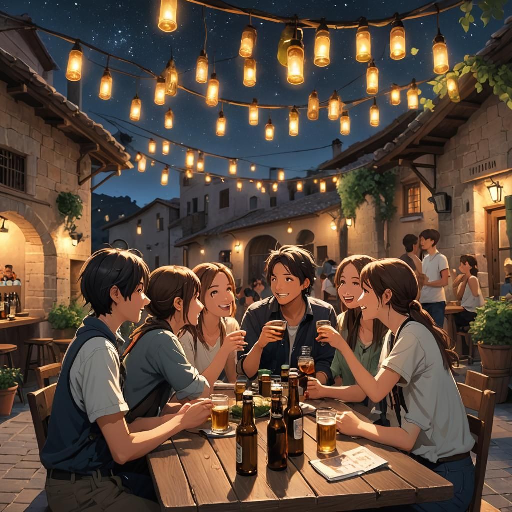 Italian Summer Night: Friends Under the Stars in Anime Style