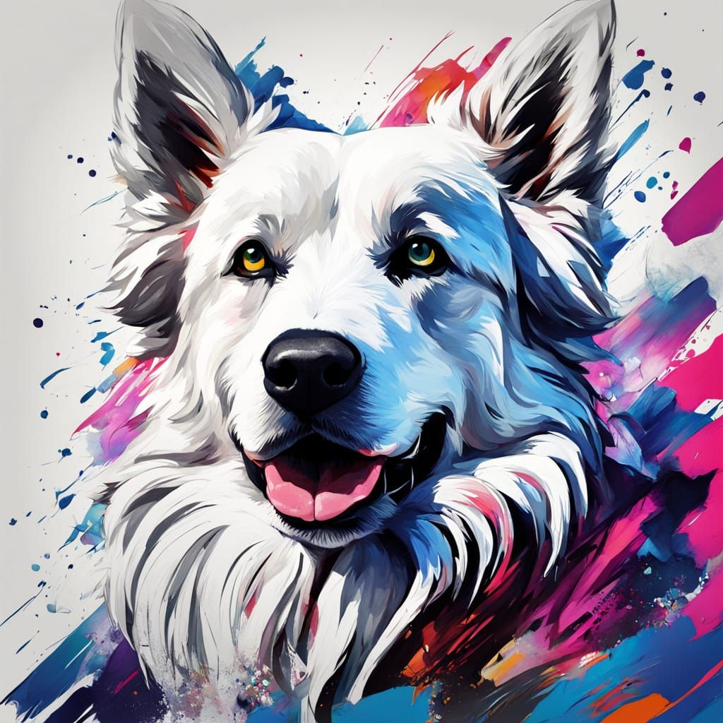 White Swiss Shepherd Charcoal Drawing in Gouache Style