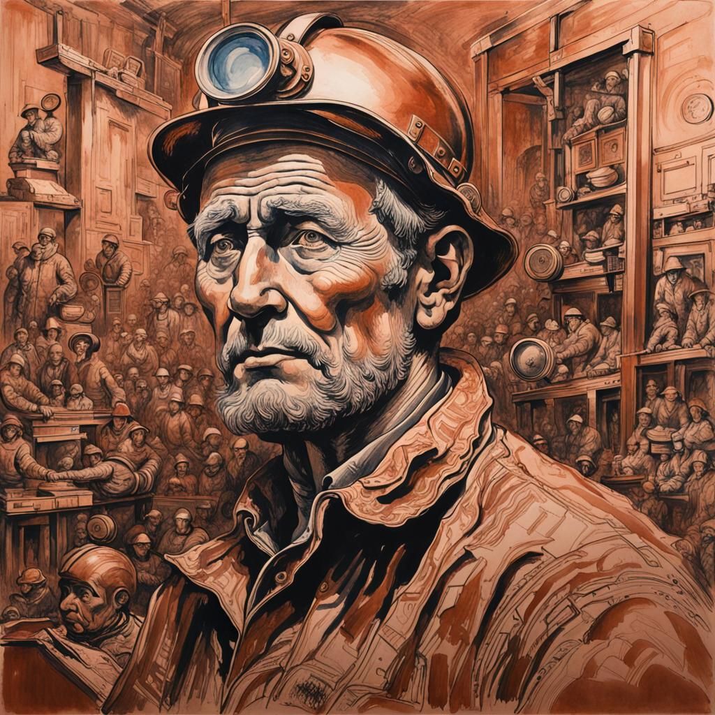 Intense Copper Miner Portrait in Ink Wash Style