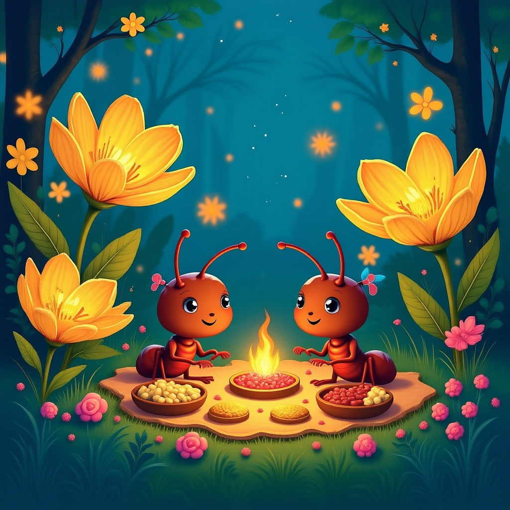 Enchanted Glowing Night Garden with Cartoon Ants