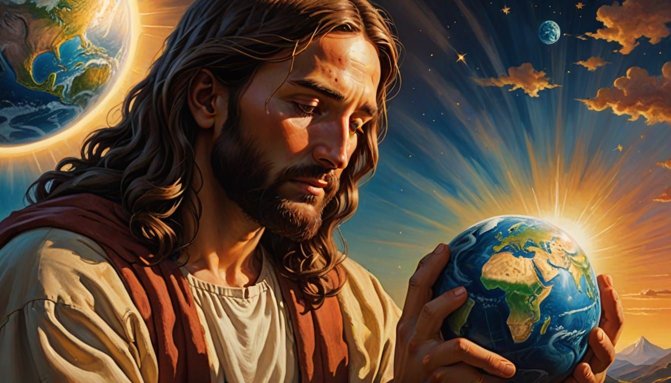 Surrealist Image of Jesus Praying Over Earth