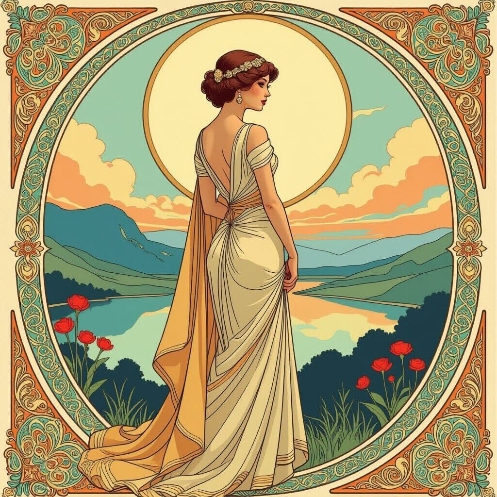 Elegant Woman in Serene Landscape: Art Nouveau Style